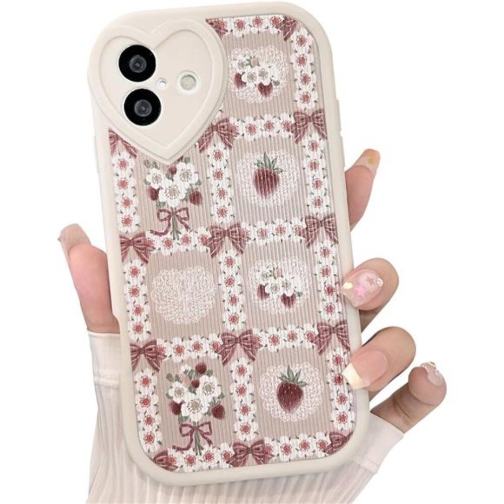 Lace Floral Strawberry Bow iPhone 16 Case Soft Pink Kawaii Shockproof - Picture 3 of 7